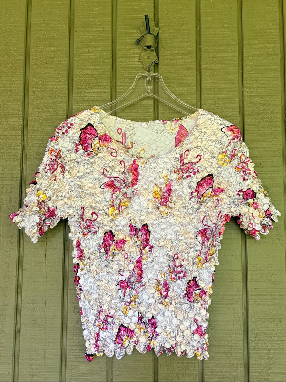 VTG Y2K Win Win Popcorn Shirt Butterfly Print Crinkle Bubble Top One Size OSFM